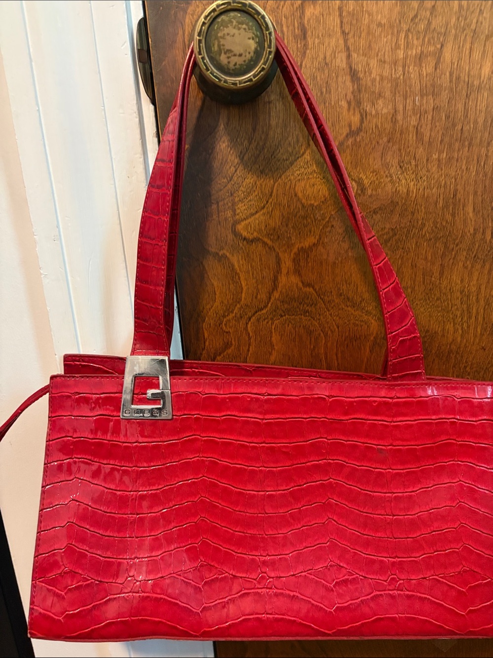 Guess Red Croc-Embossed Shoulder Bag